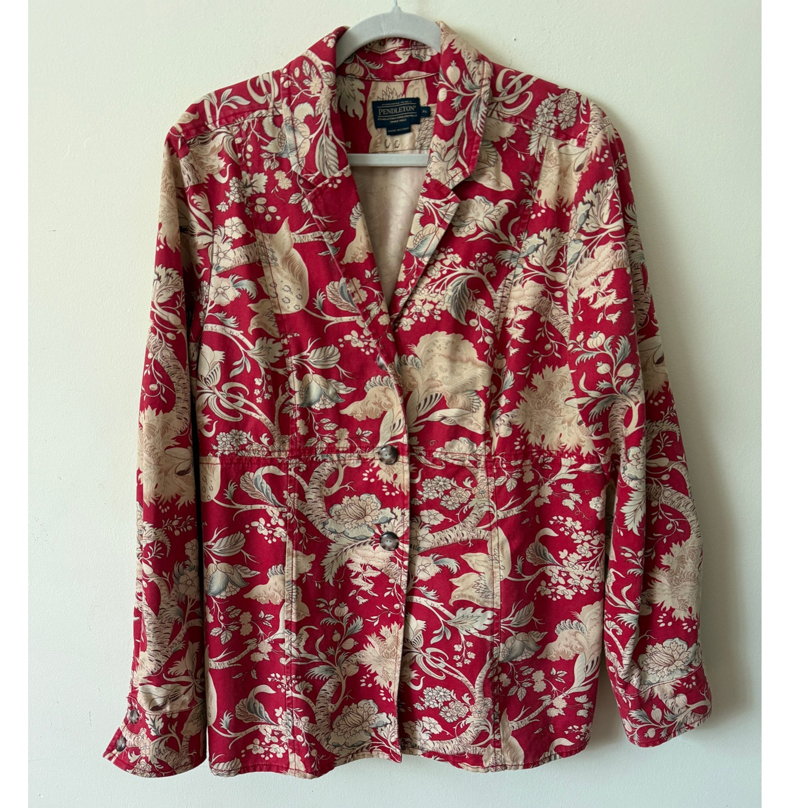 Pendleton Women's Blazer Jacket Red Floral Cotton Size Xl Boho Spring